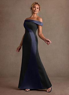 Azazie Constance Mother of the Bride Dresses Black Stormy Mermaid Off the Shoulder Stretch Satin Dress image3