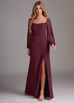 Azazie Charissa Bridesmaid Dresses Cabernet Sheath Long Sleeve Chiffon Dress image3