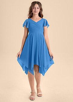 Azazie Janeaurelia Junior Abito A-Line in Chiffon Plissettato Blue Jay image6