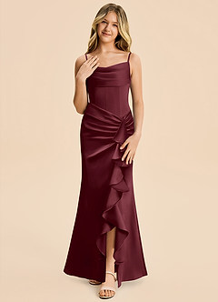 Azazie Rosalia Junior Cabernet Sheath Pleated Stretch Satin Dress image5