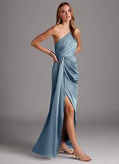 Azazie Mika Robes de demoiselle d'honneur Robe Fourreau en Satin extensible Ue épaule Bleu Poussiéreux image4