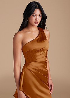 Azazie Latrice Bridesmaid Dresses Copper Sheath One Shoulder Metallic Satin Dress image3