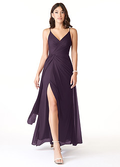 Azazie Evalin Bridesmaid Dresses Plum A-Line V-Neck Pleated Mesh Dress image1