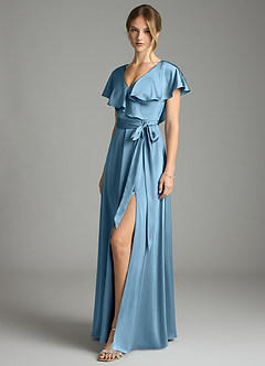 Azazie Lainey Bridesmaid Dresses Steel Blue A-Line with Pockets Stretch Satin Dress image4