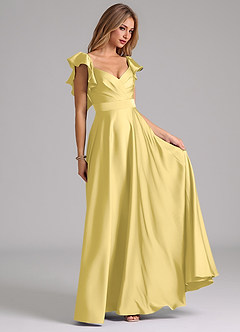 Azazie Leilani Bridesmaid Dresses Canary A-Line Ruched Stretch Satin Dress image4