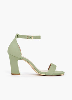 front Matching Color Stretch Satin One Strap Buckle Chunky Heel Sandals