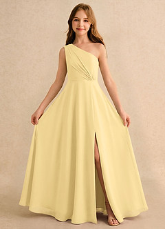 Azazie Puddles Girls Formal Robe Demoiselle D'honneur Fillette Robe Trapèze en Mousseline de soie Une épaule Beurre image5