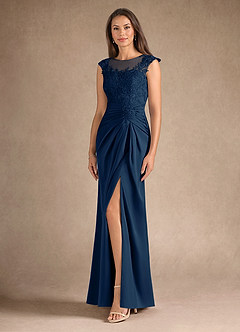 Azazie Santa Barbara Mother of the Bride Dresses Dark Navy Sheath Pleated Stretch Satin Dress image2