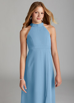 Azazie Clarice Junior Jurk van Chiffon met A-Lijn Zijsplit Staal Blauw image3