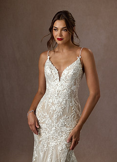 Azazie Camlynn Wedding Dresses Diamond White Nude Mermaid V-Neck Sequins Tulle Dress image5