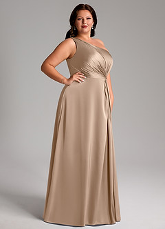 Azazie Brooke Bridesmaid Dresses Taupe A-Line One Shoulder Stretch Satin Dress image10