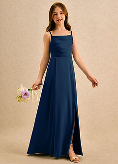 Azazie Chamomile Girls Formal Blumenmädchenkleider A-Linie Plissee Stretch-Satin Kleid Dunkelmarine image2
