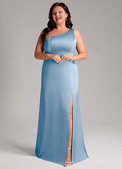 Azazie Phaedra Bridesmaid Dresses Powder Blue A-Line One Shoulder Stretch Satin Dress image6