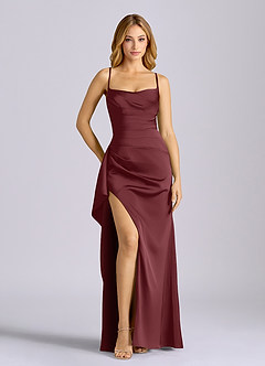 Azazie Sarai 신부 들러리 드레스 쉬스 코르셋 스트레치 새틴 바닥 길이 드레스 image1