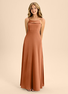 Azazie Anselie Junior Copper A-Line Off the Shoulder Stretch Satin Dress image4
