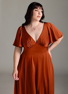 Azazie Kimber Bridesmaid Dresses Paprika A-Line Ruched Stretch Satin Dress image11