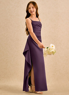 Azazie Cannoli Girls Formal vestidos de niña de las flores Vestido de Ciruela de Satén Elástico de Corte en A con Plisado image5