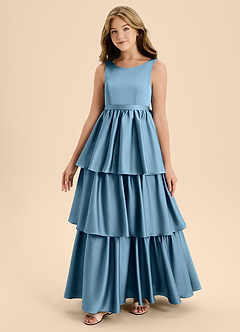 Azazie Meadowyn Junior Vestido de Azul Acero de Satén Elástico de Corte En A con Lazo image4