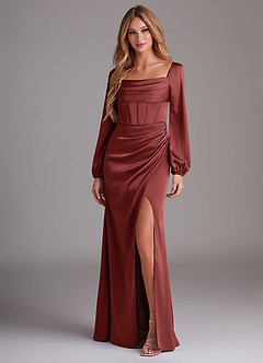Azazie Charissa Bridesmaid Dresses Terracotta Sheath Long Sleeve Stretch Satin Dress image4
