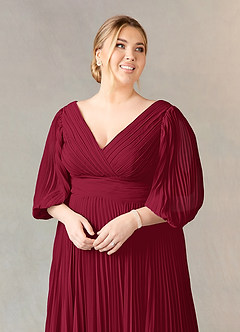 Azazie Zahara Mère de la mariée Robes Robe Trapèze en Mousseline de soie Col V plissé Bourgogne image11