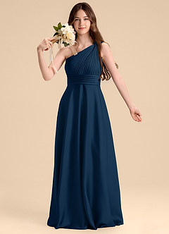 Azazie Charlize Junior Dark Navy A-Line Pleated Stretch Satin Dress image6