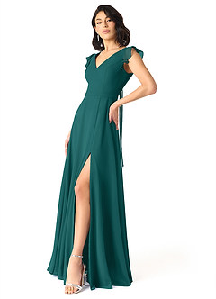 Azazie Claudine Bridesmaid Dresses Peacock A-Line Flutter Sleeve Chiffon Dress image3