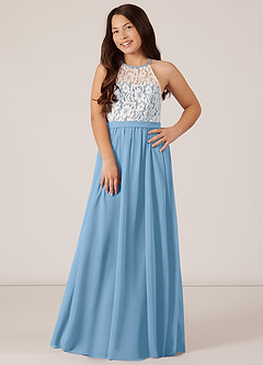 Azazie Fahari Junior Steel Blue A-Line Lace Chiffon Dress image2