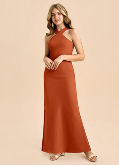 Azazie Doretta Junior Vestido de Naranja Quemada de Gasa de Corte Recto con Plisado image5