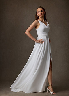 Azazie Neema At-home Try On Dresses Diamond White A-Line Side Slit Chiffon Dress image5