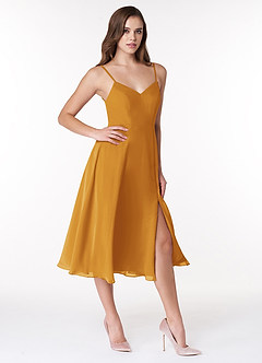 Azazie Clarissa Bridesmaid Dresses Butterscotch A-Line V-Neck Chiffon Dress image3
