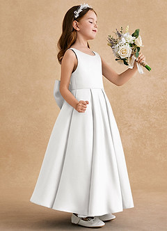 Azazie Honey Bear Flower Girl Dresses White A-Line Pleated Matte Satin Dress image2