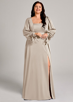 Azazie Leonia Vestidos de damas de honor Vestido de Escarcha de Satén Elástico de Corte en A con Manga larga image12