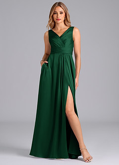 Azazie Karina Robes de demoiselle d'honneur Robe Trapèze en Satin extensible Plissée Vert Foncé image1