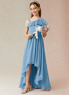 Azazie Mango Junior Steel Blue A-Line Ruched Chiffon Dress image1