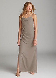 Azazie Mai Junior Taupe Sheath Pleated Chiffon Dress image3