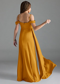 Azazie Amyra Junior Butterscotch Sheath Off the Shoulder Stretch Satin Dress image2