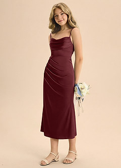 Azazie Mai Junior 쉬스 주름진 스트레치 새틴 티 길이 주니어 신부 들러리 드레스 image1