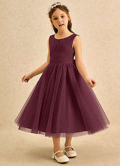 Azazie Macaron Robe Demoiselle D'honneur Fillette Robe Trapèze en Tulle Plissée Cabernet image4