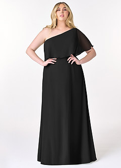 Azazie Lizzy Vestidos de damas de honor Vestido de Negro de Gasa de Corte en A con Hombro unilateral image8