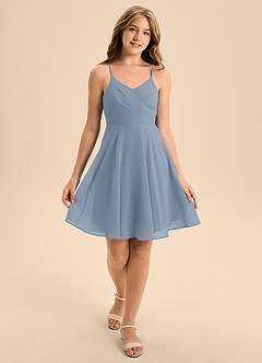Azazie Avelina Junior Dusty Blue A-Line Pleated Chiffon Dress image3