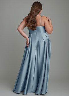 Azazie Elle Bridesmaid Dresses Dusty Blue A-Line Pleated Stretch Satin Dress image9
