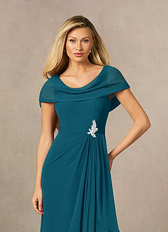Azazie Mary Vestidos para mãe da noiva Vestido Tinta Azul de Chiffon de Linha A com Fenda Lateral image5