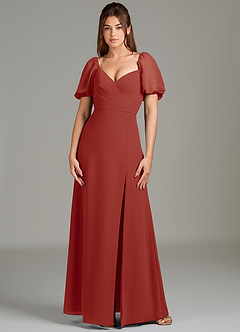 Azazie Phylicia Bridesmaid Dresses Terracotta A-Line Bow Chiffon Dress image2