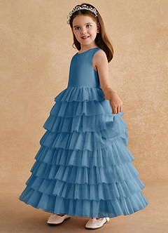 Azazie Twinkle Toes vestidos de niña de las flores Vestido de Azul Acero de Tul de Corte En A con Lazo image4