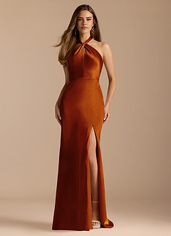 Azazie Tracie Bridesmaid Dresses Auburn A-Line Pleated Metallic Satin Dress image1