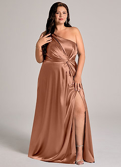 Azazie Brooke Bridesmaid Dresses Bronzer A-Line One Shoulder Metallic Satin Dress image12