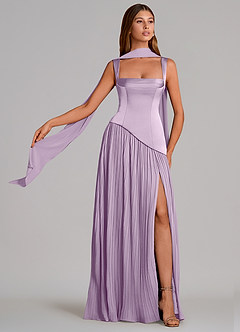 Azazie Stephanie Vestidos de damas de honor Vestido de Lila Esmerilada de Satén Elástico de Corte en A con Plisado image1