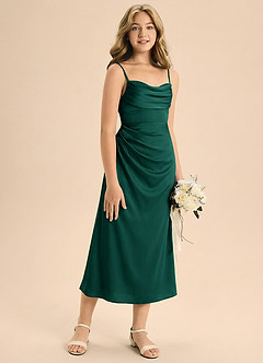 Azazie Mai Junior 쉬스 주름진 스트레치 새틴 티 길이 주니어 신부 들러리 드레스 image5