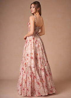 Halame Apricot Multi Sleeveless Floral A-Line Gown image5