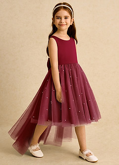 Azazie Bell Jurken voor bloemenmeisjes Baljurk Jurk van Tule Boog Bourgondië image2